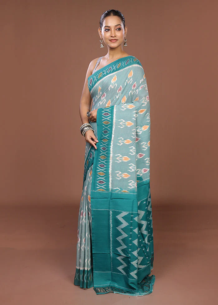Sea Green Ikkat Cotton Saree Without Blouse Piece - Image 4