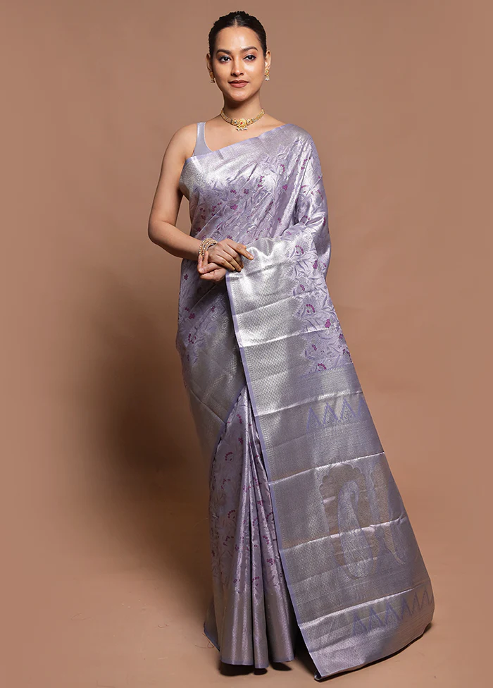 Silver Kanjivaram Silk Saree With Blouse Piece
