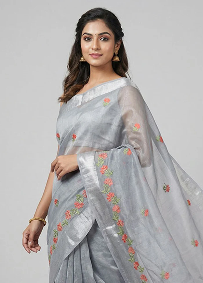 Silver Tissue Silk Saree With Blouse Piece - Image 2