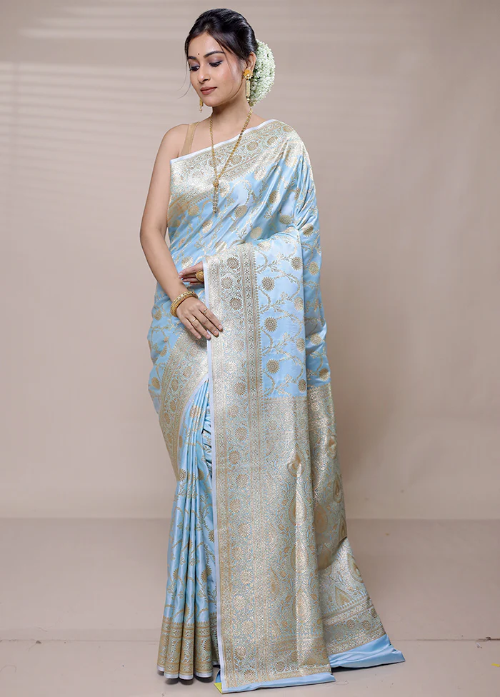 Sky Banarasi Silk Saree With Blouse Piece - Image 2