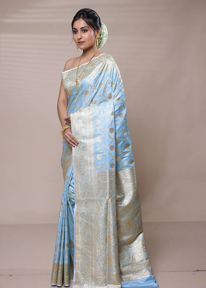 Sky Banarasi Silk Saree With Blouse Piece - Image 4