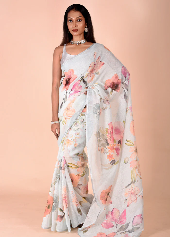 Sky blue Linen Silk Saree With Blouse Piece - Image 2