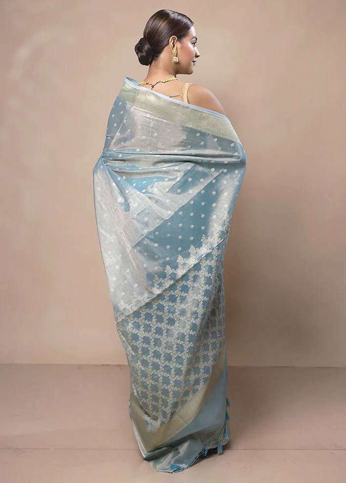 Sky Blue Tissue Silk Saree With Blouse Piece - Image 3