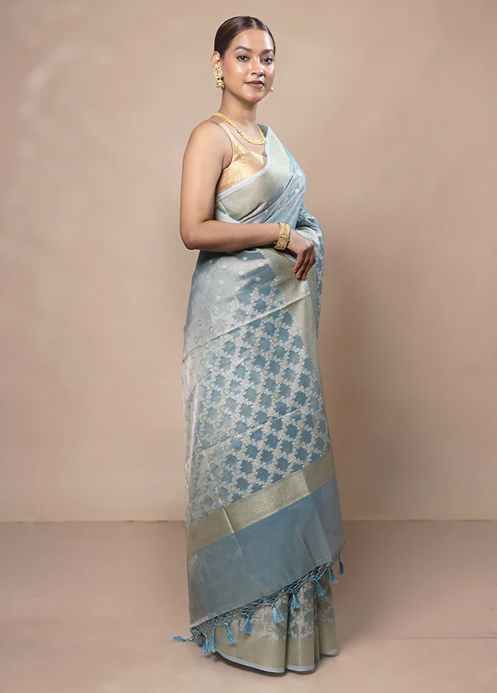 Sky Blue Tissue Silk Saree With Blouse Piece - Image 4