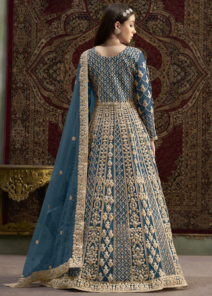 Teal Blue Semi Stitched Net Dupatta Indian Dress - Image 2