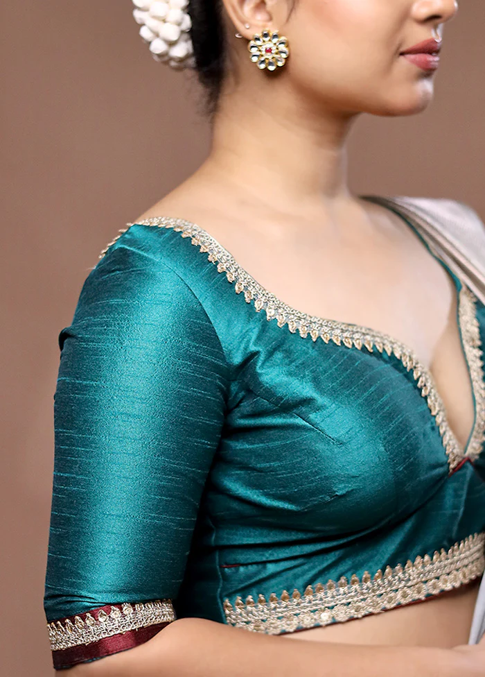 Teal Green Dupion Silk Designer Blouse - Image 3