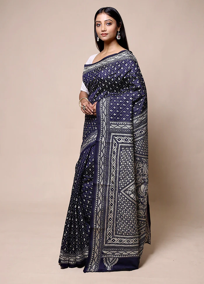 Violet Handloom Kantha Stitch Pure Silk Saree With Blouse Piece - Image 4