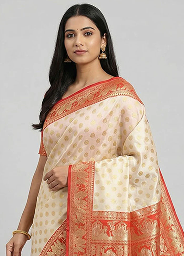 White Baluchari Silk Saree With Blouse Piece - Image 2
