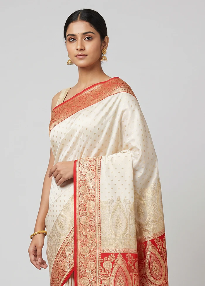 White Banarasi Silk Saree With Blouse Piece - Image 2