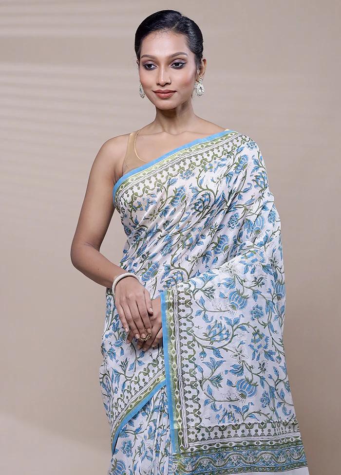 White Chanderi Cotton Saree With Blouse Piece