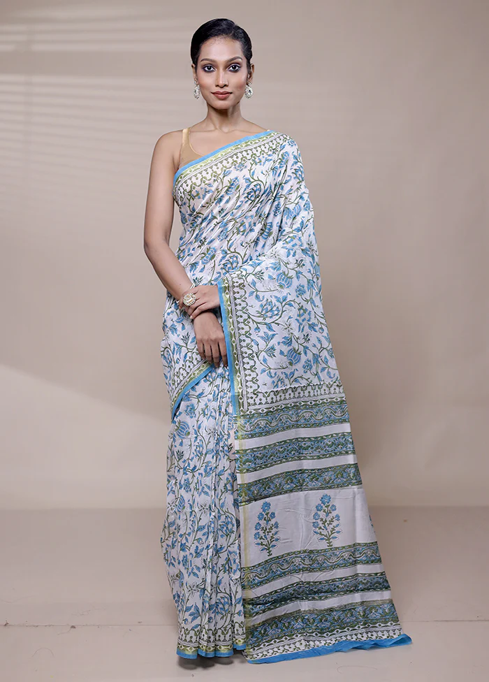 White Chanderi Cotton Saree With Blouse Piece - Image 2