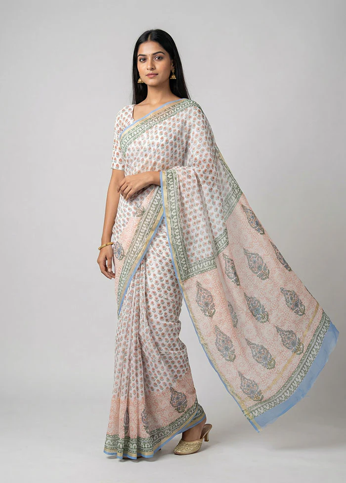 White Chanderi Silk Saree With Blouse Piece