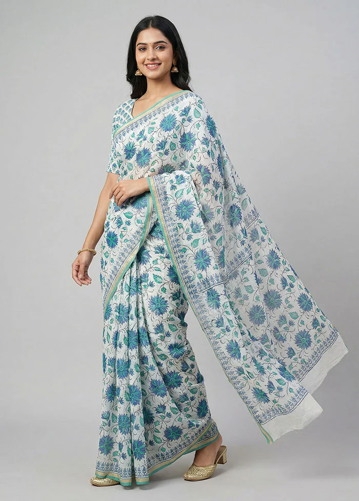 White Chanderi Silk Saree With Blouse Piece
