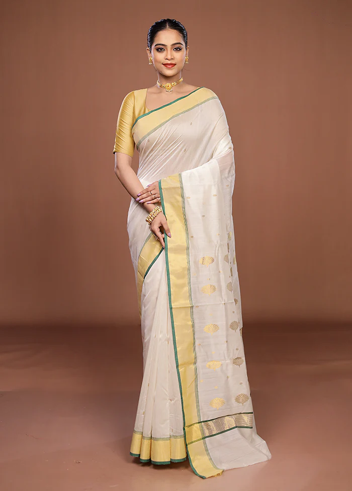 White Chanderi Silk Saree With Blouse Piece - Image 2