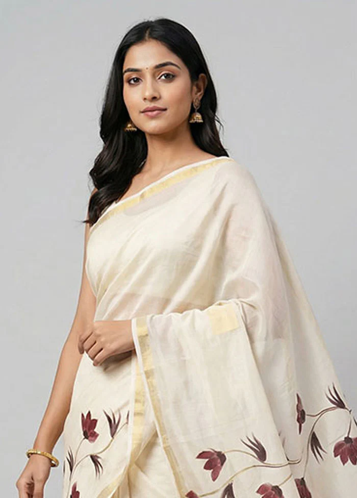 White Chanderi Silk Saree With Blouse Piece - Image 2