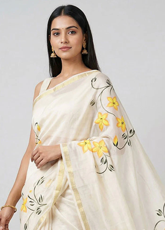 White Chanderi Silk Saree With Blouse Piece - Image 2