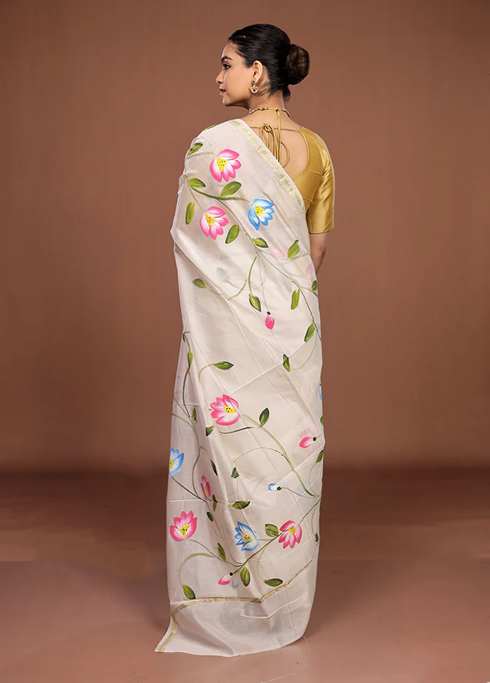 White Chanderi Silk Saree With Blouse Piece - Image 3