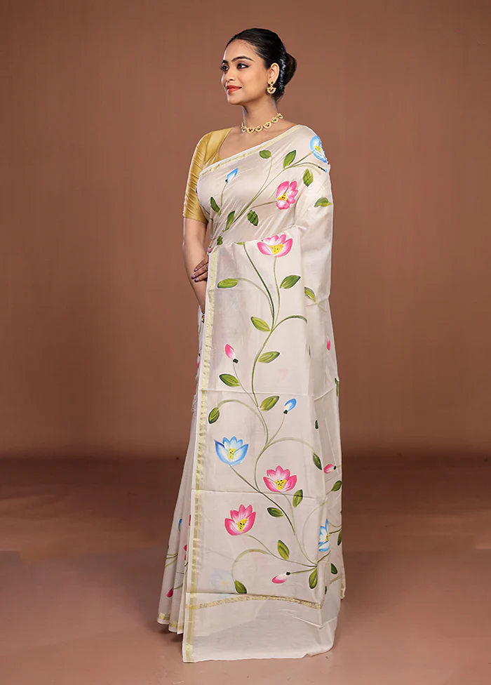 White Chanderi Silk Saree With Blouse Piece - Image 4