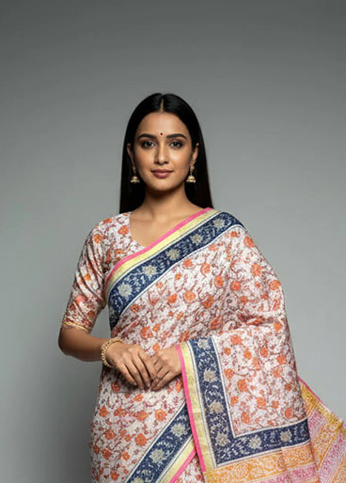 White Chanderi Silk Saree With Blouse Piece - Image 2