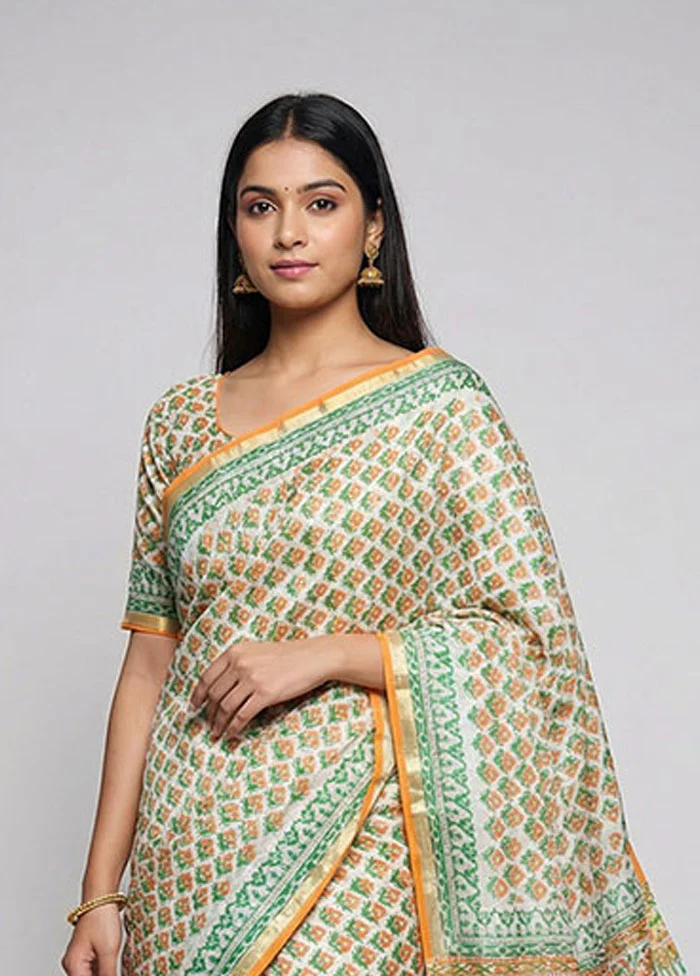 White Chanderi Silk Saree With Blouse Piece - Image 2
