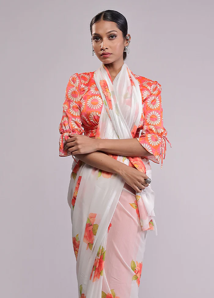 White Chiffon Silk Saree With Blouse Piece