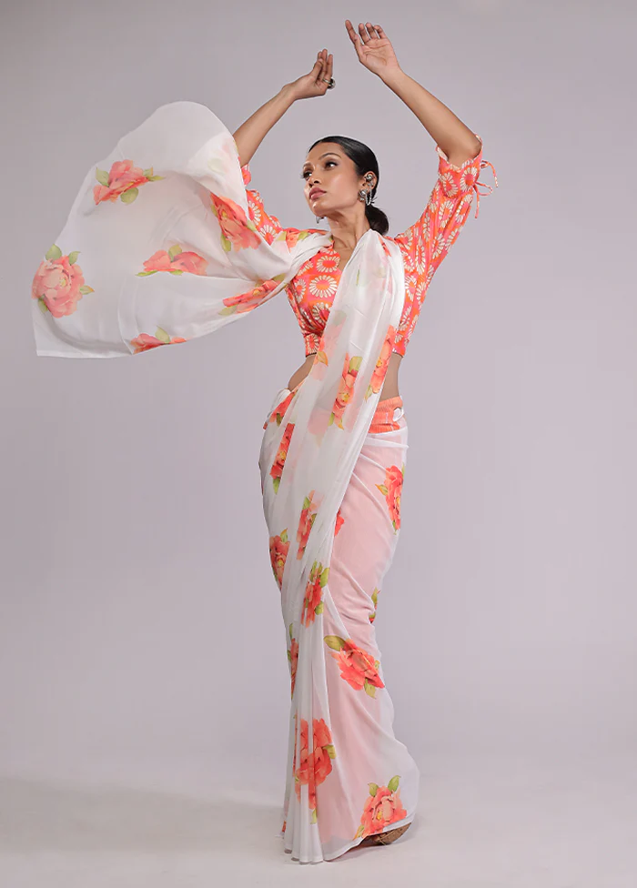 White Chiffon Silk Saree With Blouse Piece - Image 2