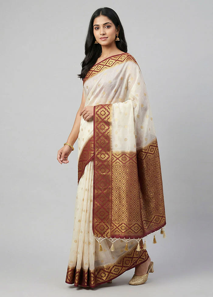 White Dupion Silk Saree With Blouse Piece