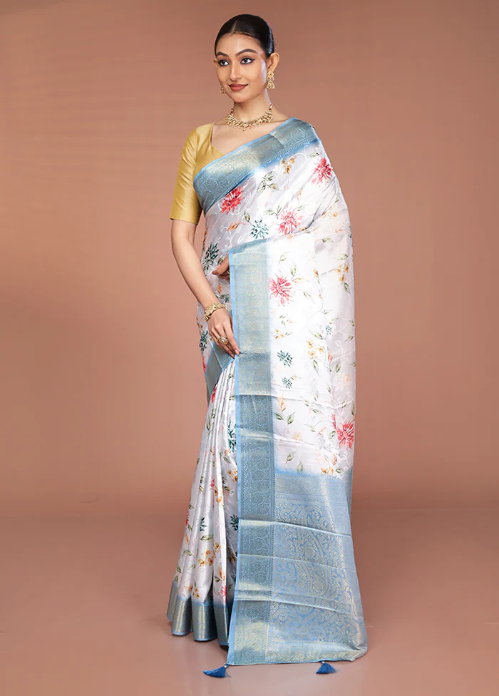 White Dupion Silk Saree With Blouse Piece - Image 4