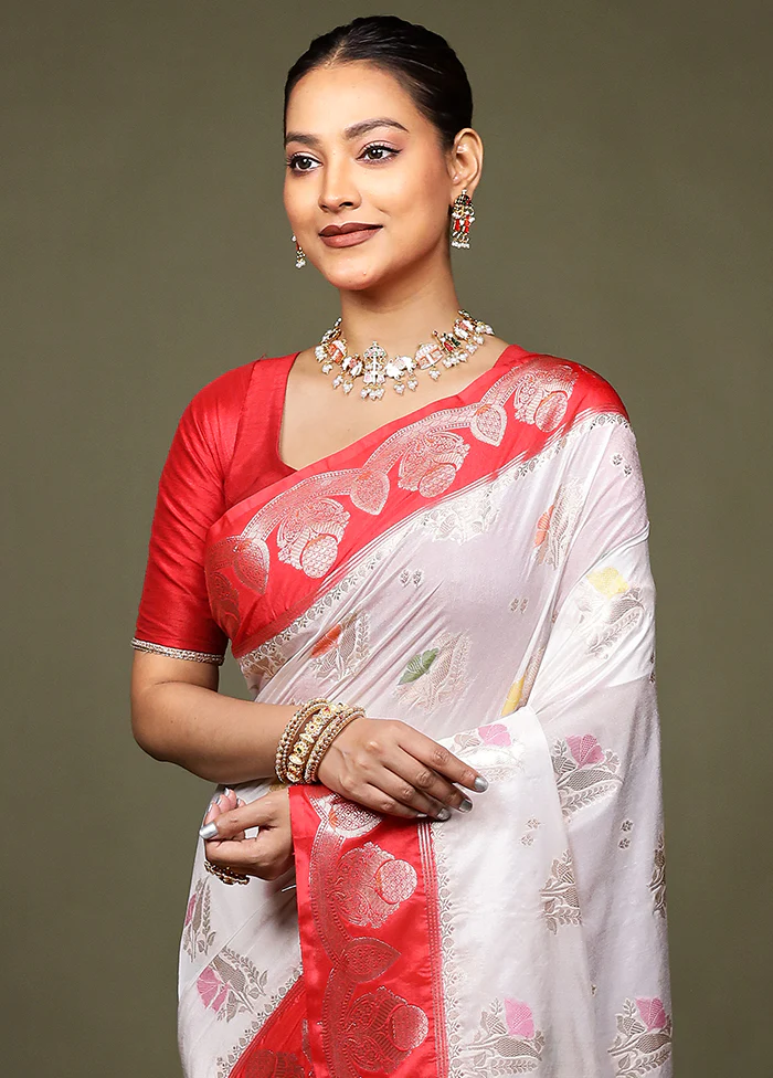 White Dupion Silk Saree With Blouse Piece