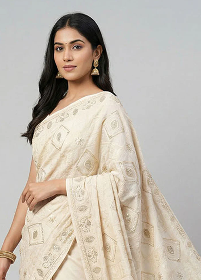White Dupion Silk Saree With Blouse Piece - Image 2