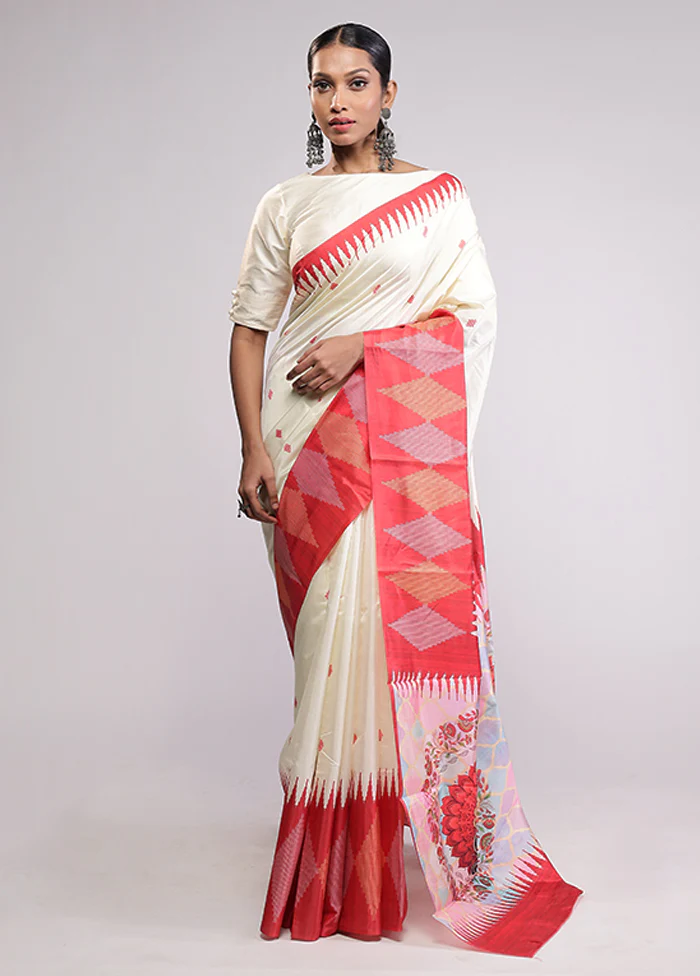White Dupion Silk Saree With Blouse Piece - Image 2