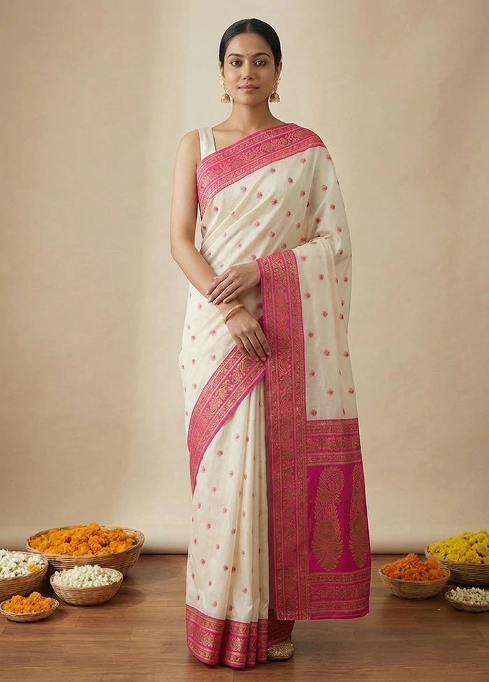 White Dupion Silk Saree With Blouse Piece - Image 5
