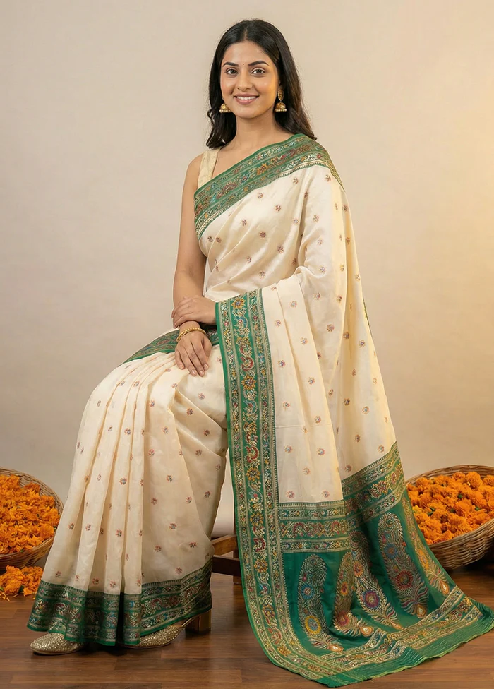 White Dupion Silk Saree With Blouse Piece - Image 3