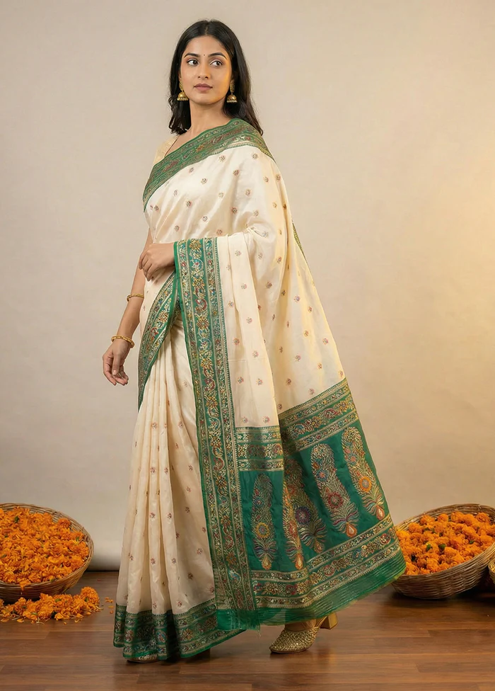 White Dupion Silk Saree With Blouse Piece - Image 4