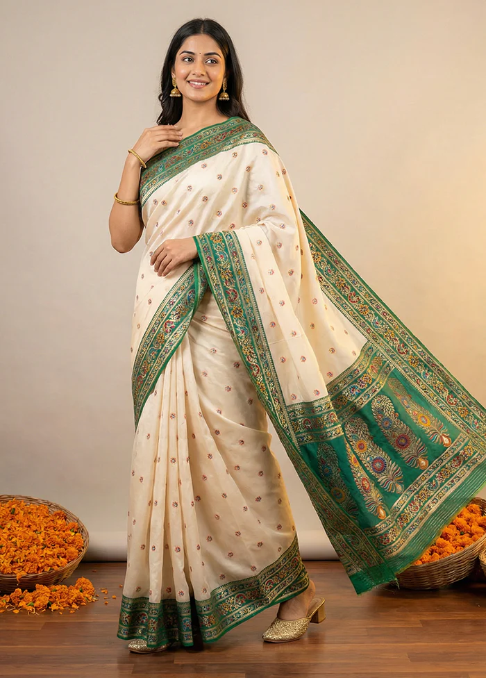 White Dupion Silk Saree With Blouse Piece - Image 5