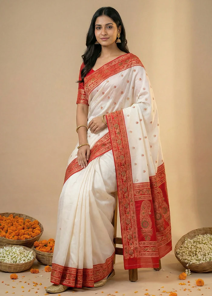White Dupion Silk Saree With Blouse Piece - Image 3