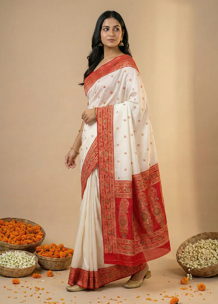 White Dupion Silk Saree With Blouse Piece - Image 4