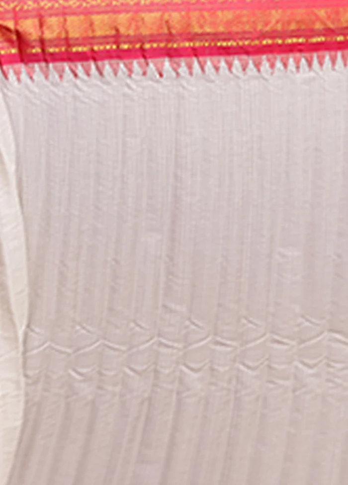 White Gadwal Pure Silk Saree Without Blouse Piece - Image 5