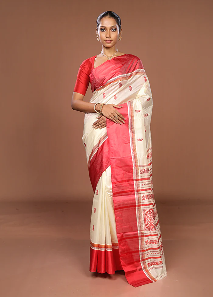 White Garad Pure Silk Saree Without Blouse Piece - Image 2