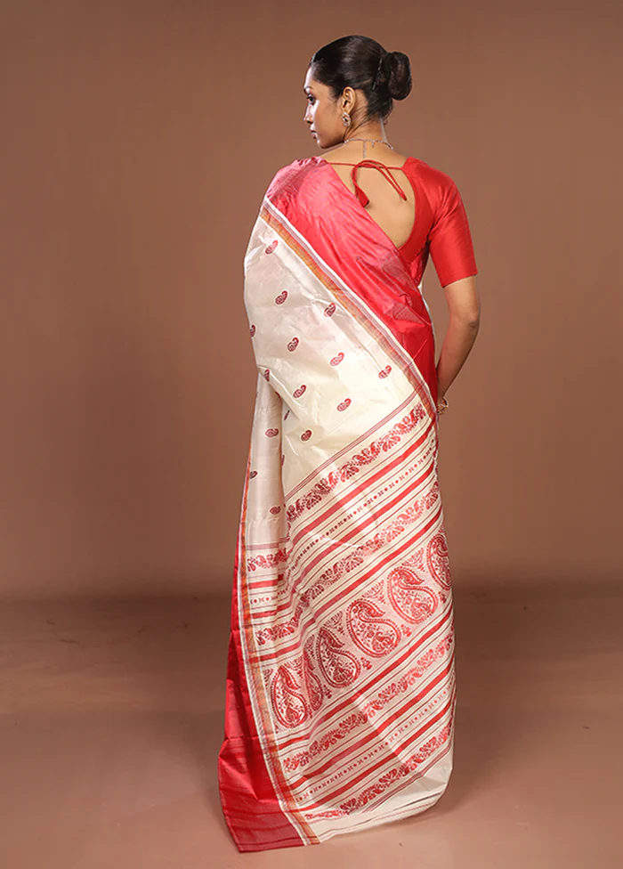 White Garad Pure Silk Saree Without Blouse Piece - Image 3