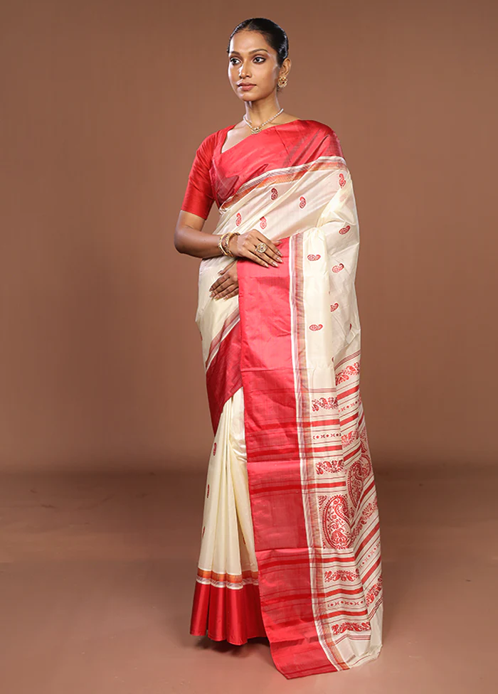 White Garad Pure Silk Saree Without Blouse Piece - Image 4