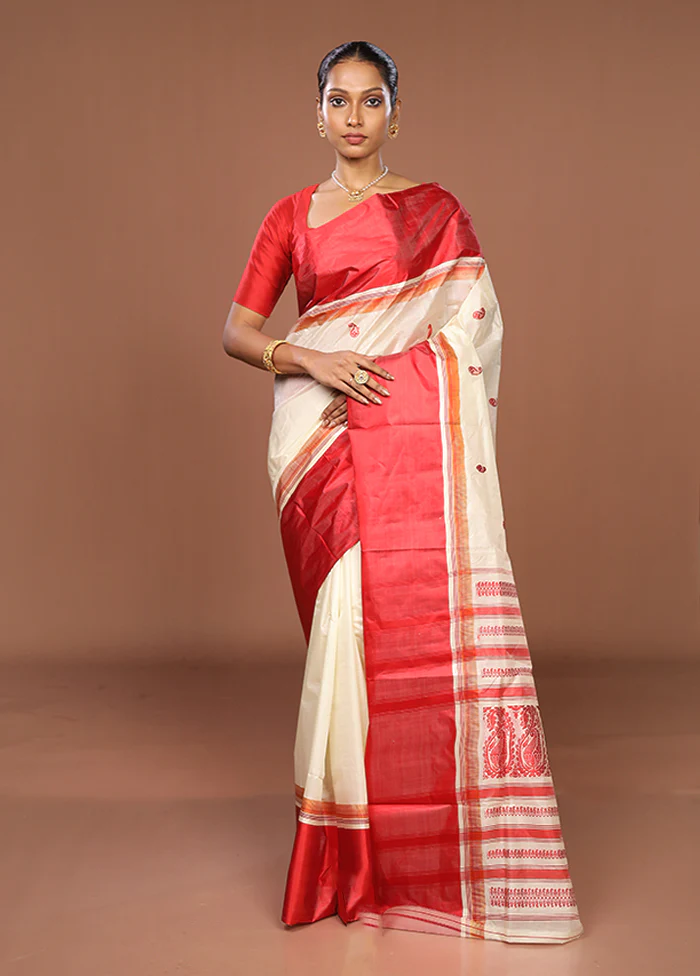 White Garad Pure Silk Saree Without Blouse Piece - Image 2
