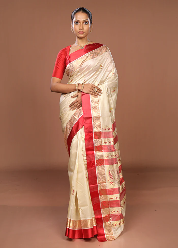 White Garad Pure Silk Saree Without Blouse Piece - Image 2