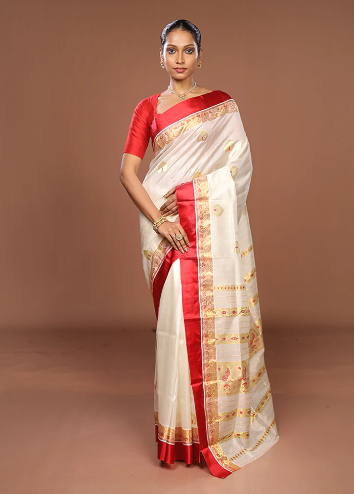 White Garad Pure Silk Saree Without Blouse Piece - Image 2