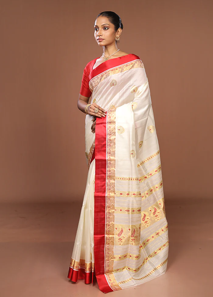 White Garad Pure Silk Saree Without Blouse Piece - Image 4