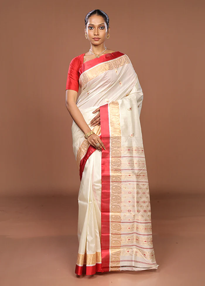 White Garad Pure Silk Saree Without Blouse Piece - Image 2
