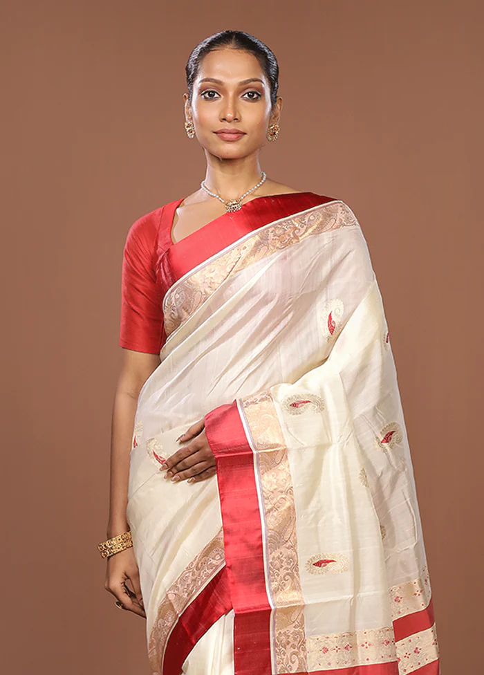 White Garad Pure Silk Saree Without Blouse Piece