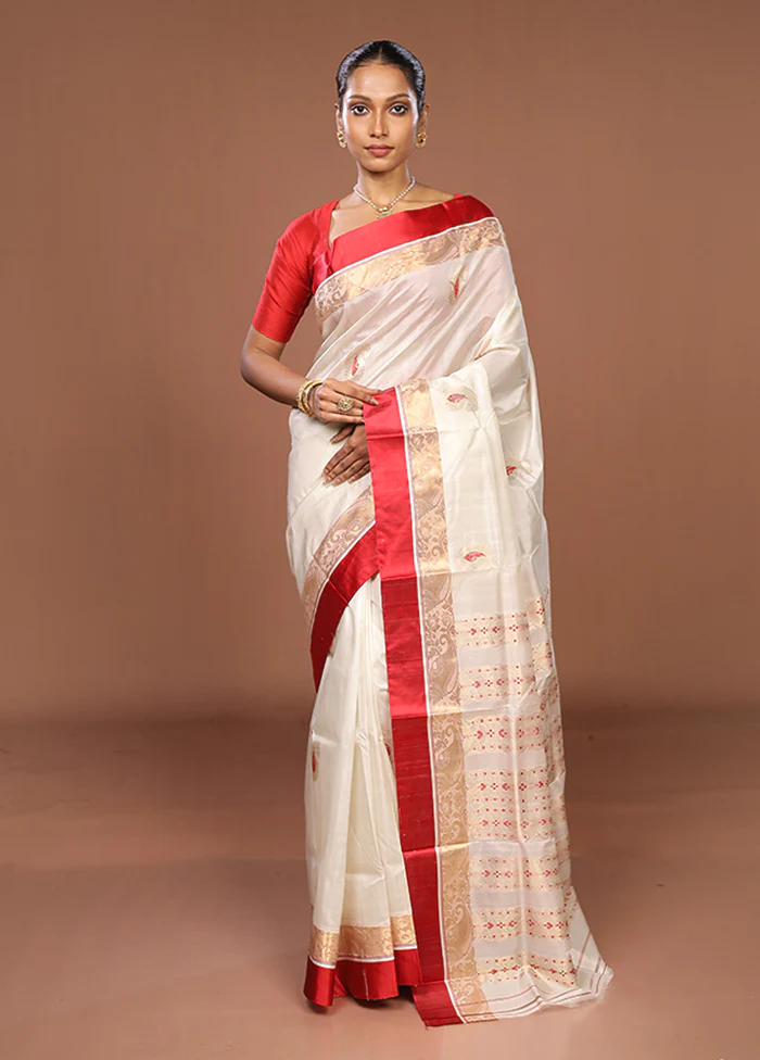White Garad Pure Silk Saree Without Blouse Piece - Image 2