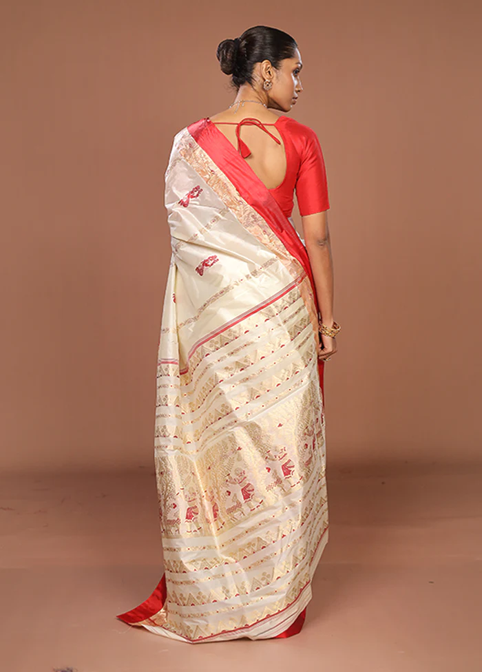 White Garad Pure Silk Saree Without Blouse Piece - Image 3