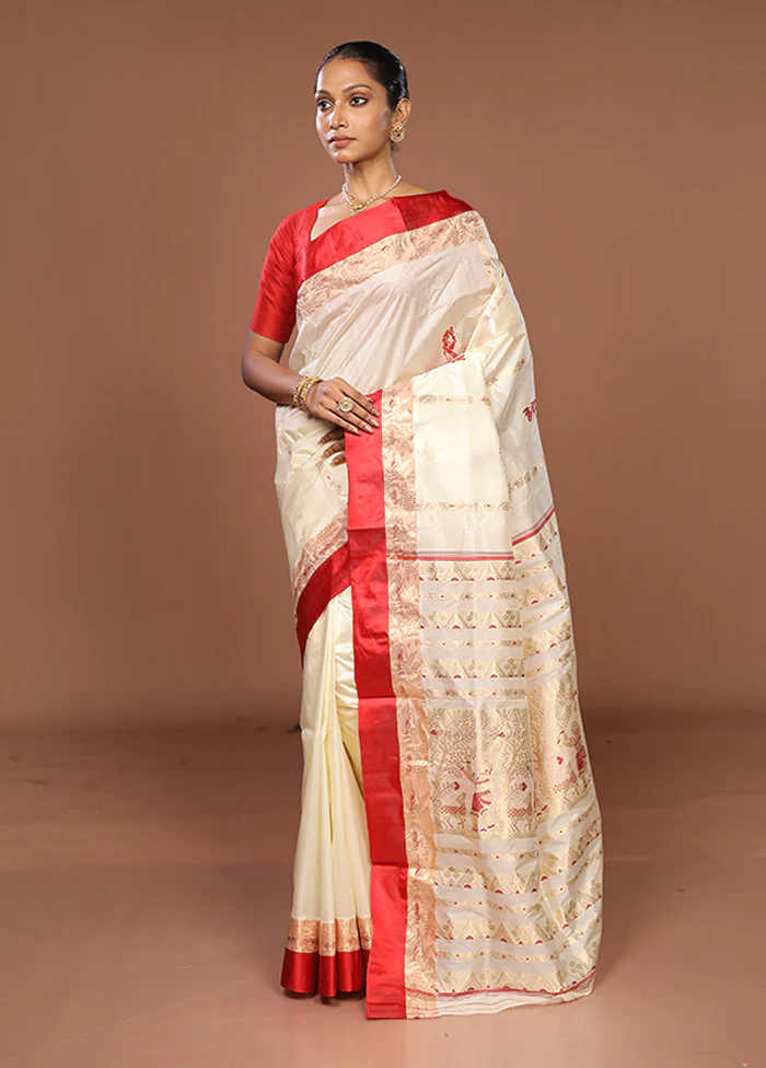 White Garad Pure Silk Saree Without Blouse Piece - Image 4